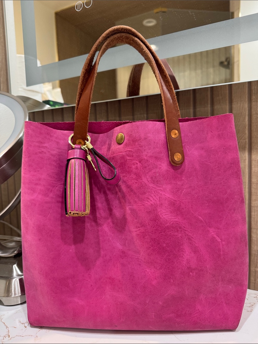 KMM & Co. Suede Tote Bag with Leather Handles in Fuchsia